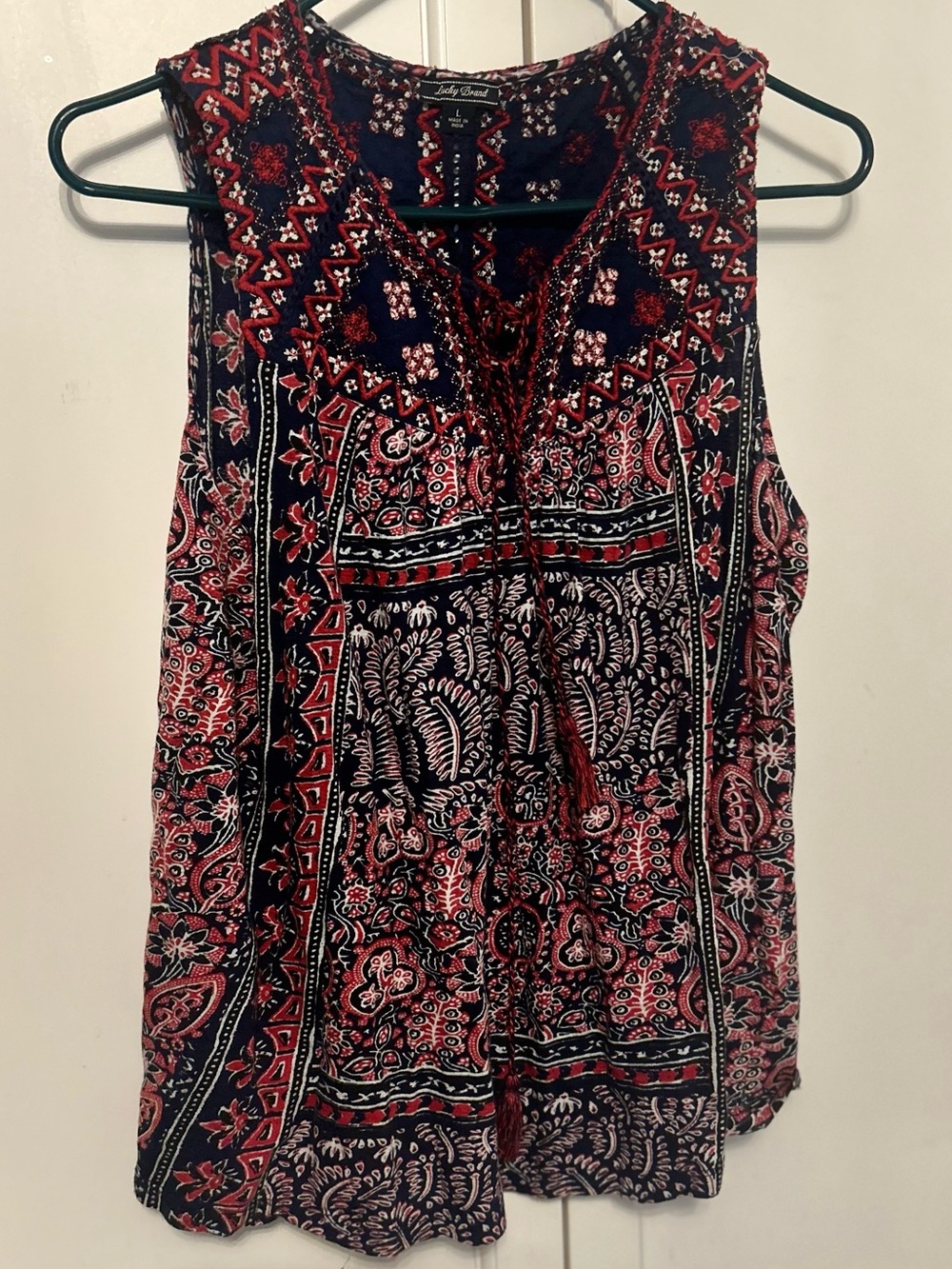 Lucky Brand Navy and Red Paisley Boho Printed Tassel Tank Womens Size Large